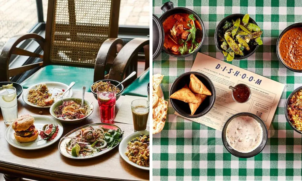 selection of dishes with sugar snap peas samosas and curries