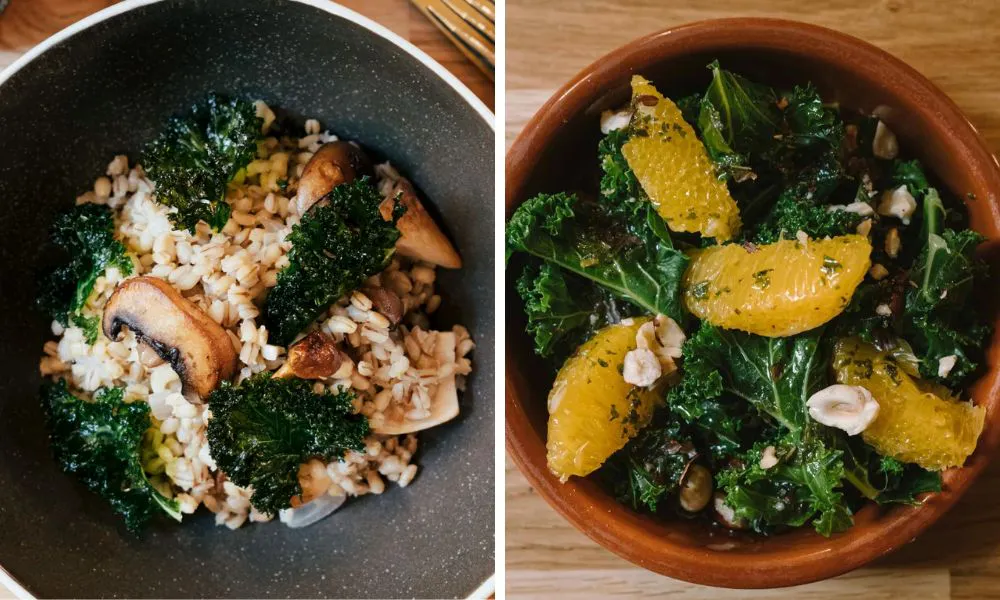 mushroom risotto with kale and kale salad with orange