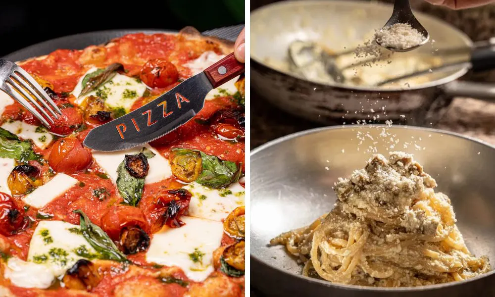 pizza with tomato and cheese and pasta with parmesan