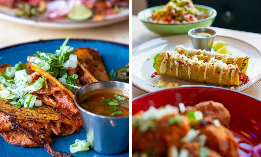 crispy tacos with birria and enchilada with sour cream