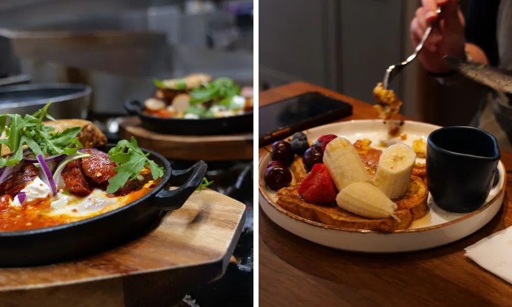 shakshuka with rocket and french toast with fresh fruit