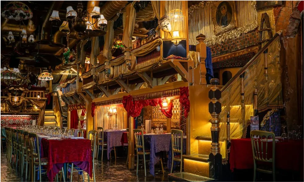 theatre-style restaurant with velvet curtains