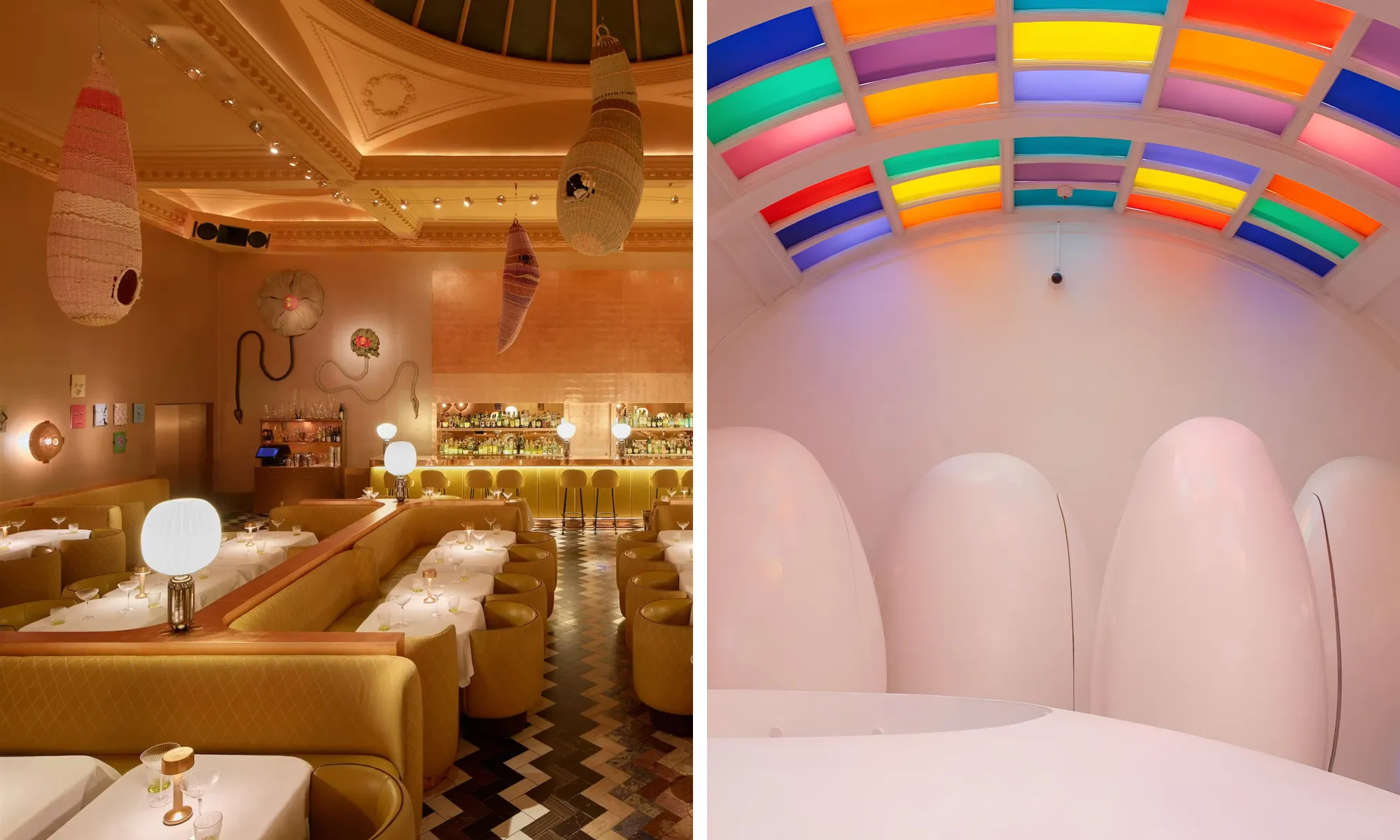 yellow restaurant with worm-like sculptures from the ceiling