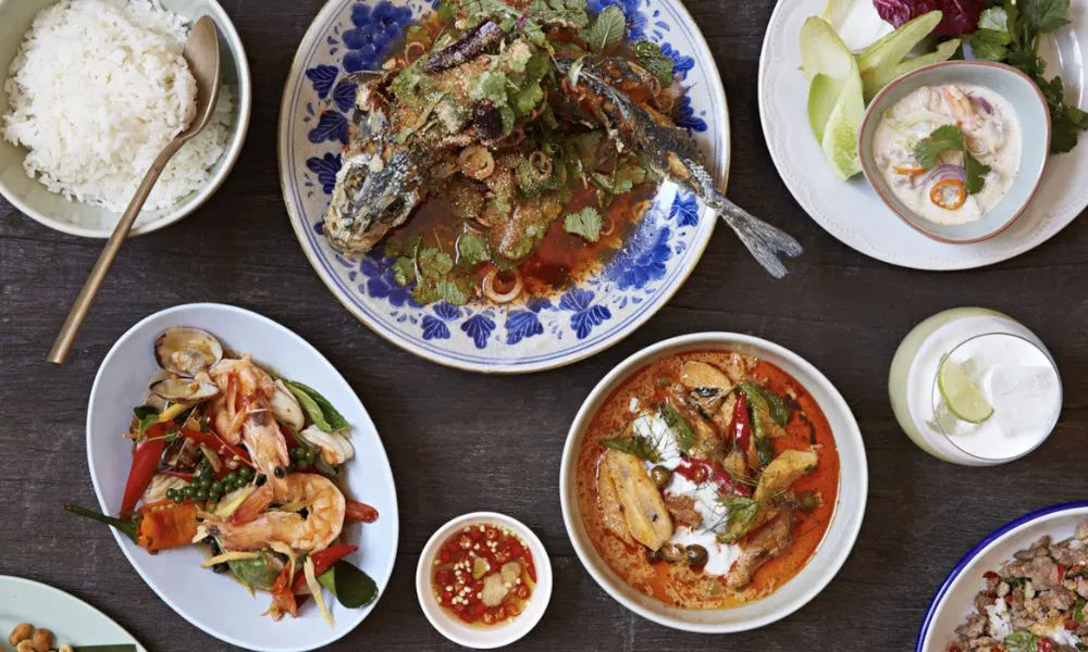 selection of asian plates including deep fried fish