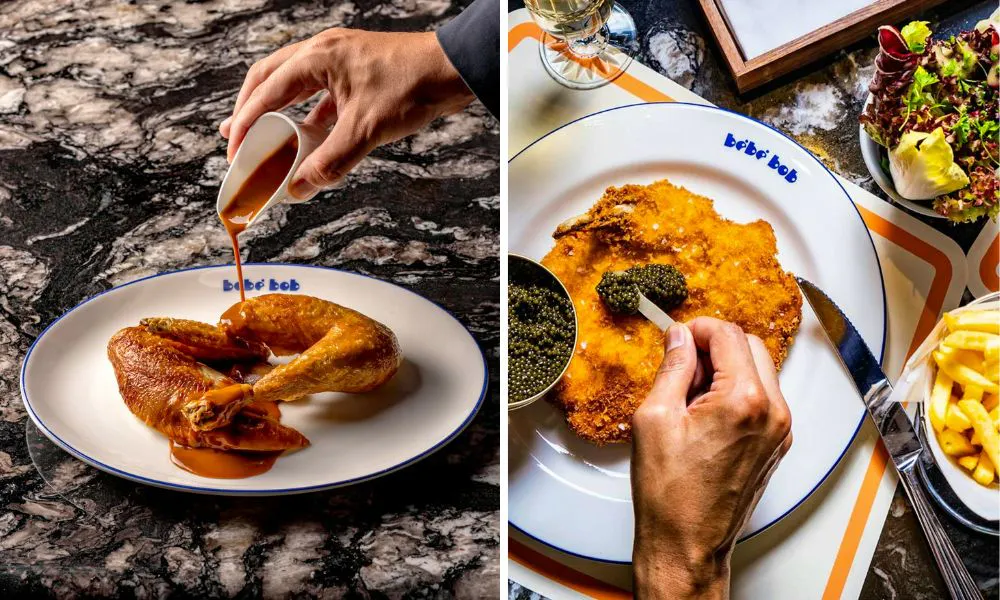 roasted chicken and schnitzel with caviar