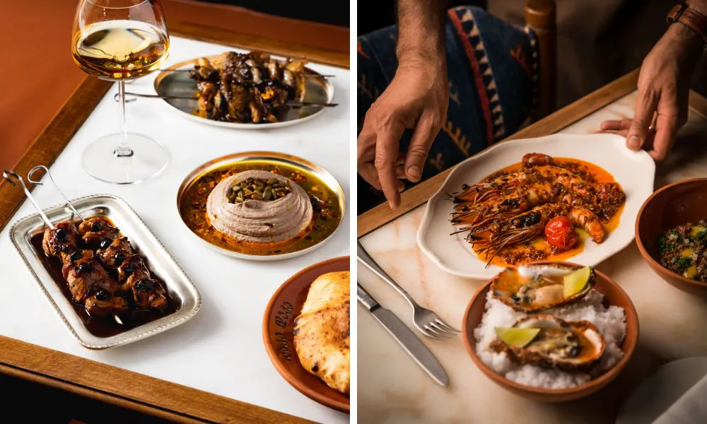 georgian cuisine sharing plates including prawns and skewers