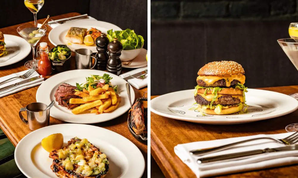 steak and chips and burger with martini