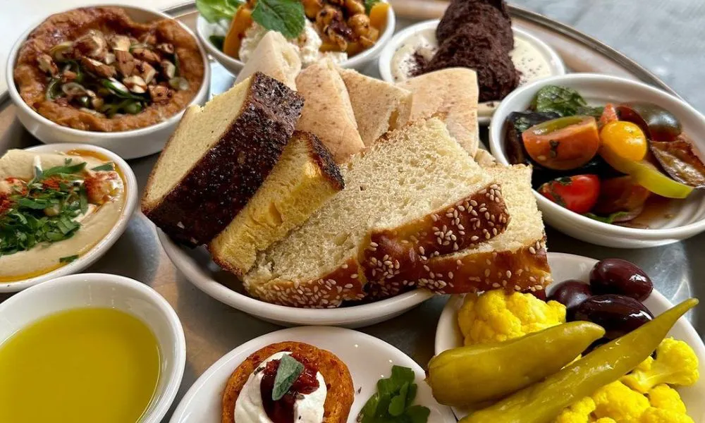 slices of bread surrounded by mediterranean plates