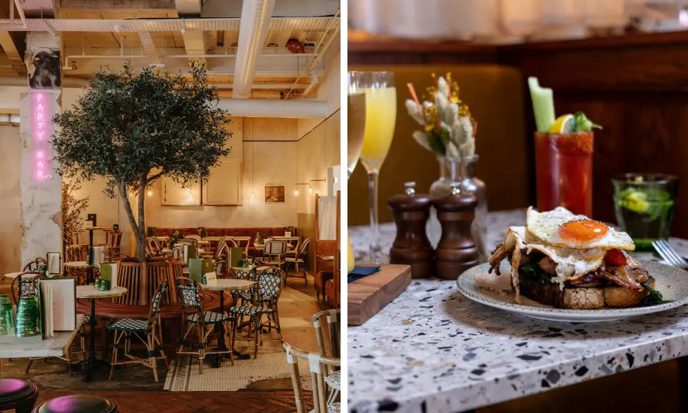 relaxed, neutral restaurant interiors, and a breakfast dish on a table with a couple of cocktails