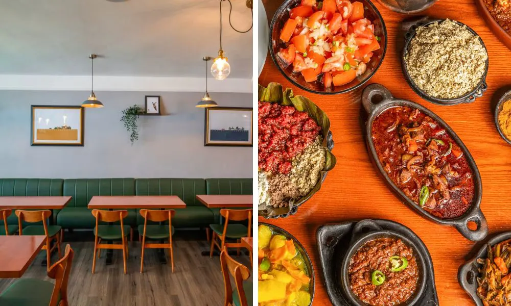 restaurant dining room with green booths and ethiopian sharing plates