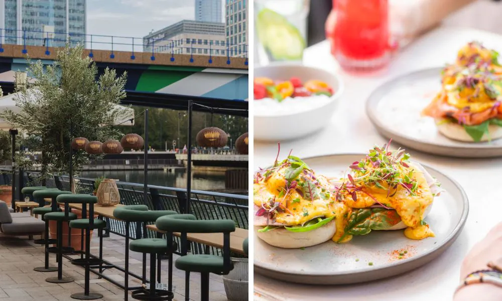 waterside dining and plates of eggs benedict
