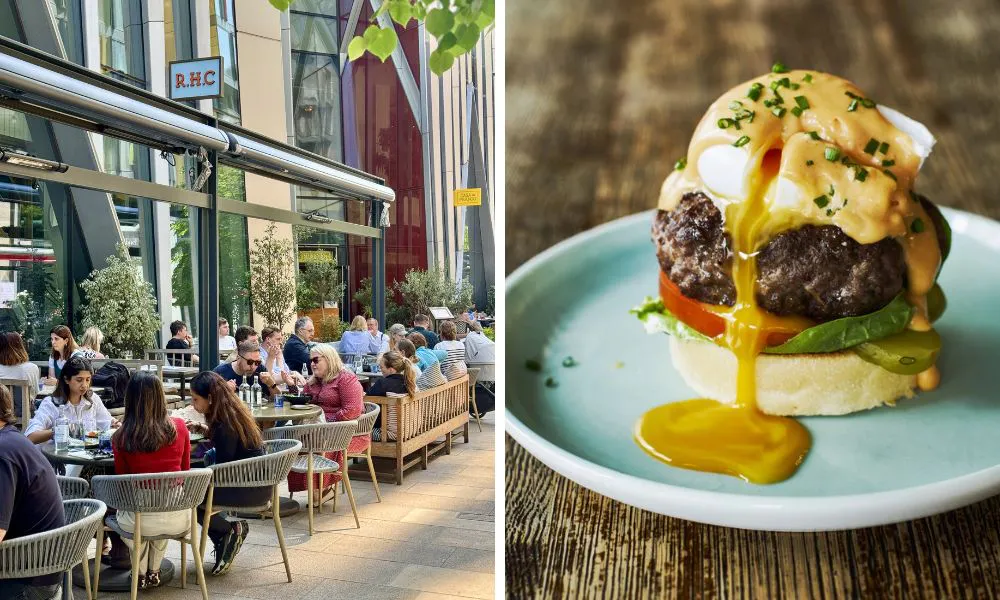 outdoor pavement terrace and signature Burgerdict brunch dish