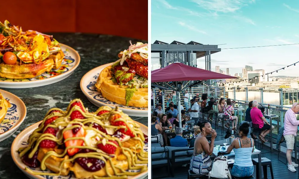 plates of waffles and people on a rooftop terrace
