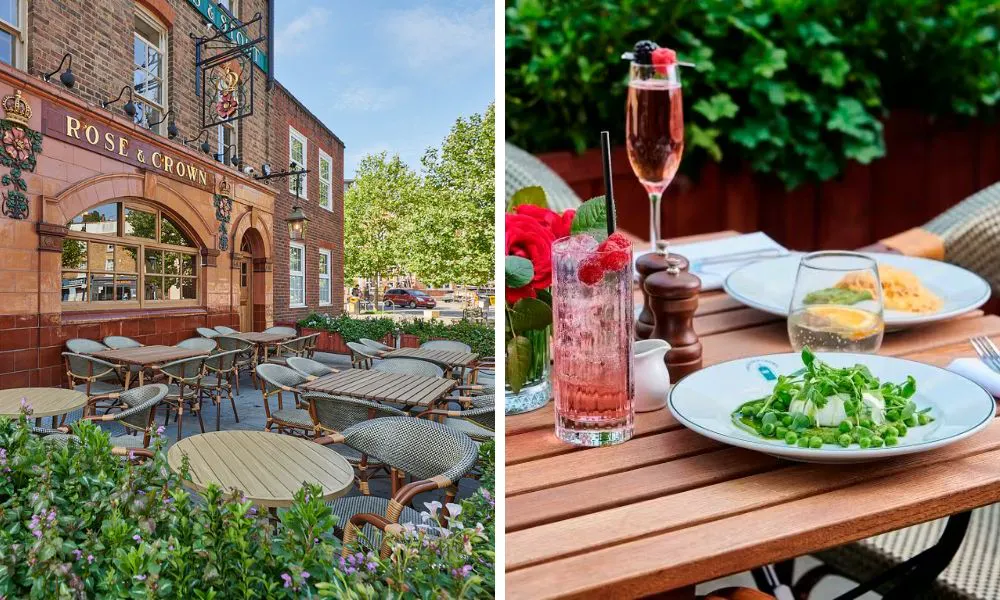 outdoor terrace and brunch dishes and cocktails on a table