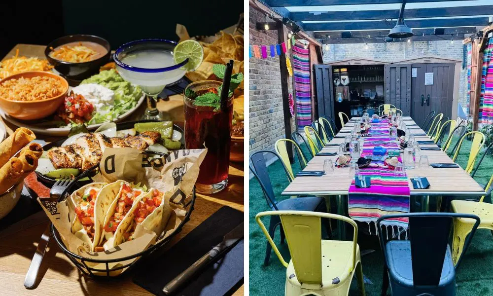 tex-mex inspired brunch plates and outdoor garden with long dining table
