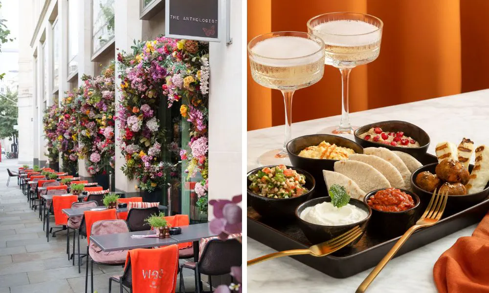 al fresco dining tables and mezze breakfast with glasses of champagne