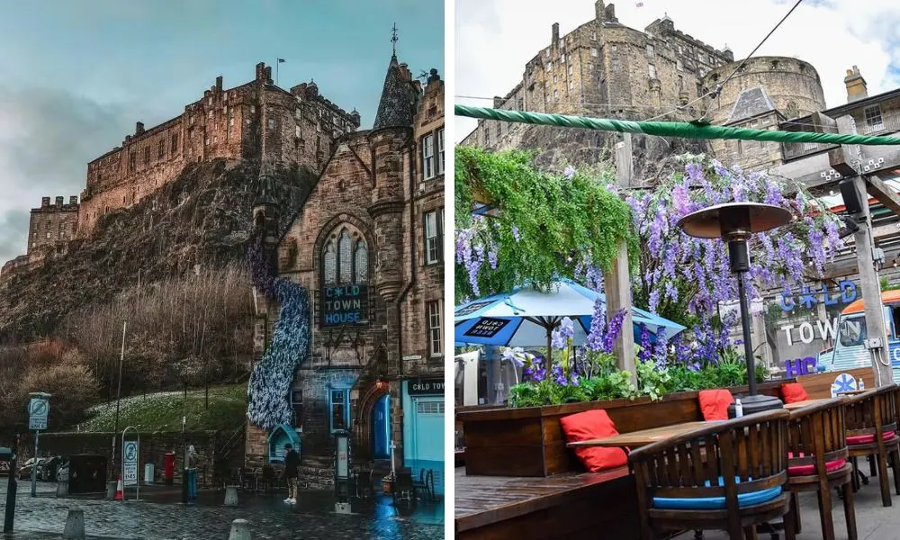 brewery in front of a castle and rooftop bar with food truck
