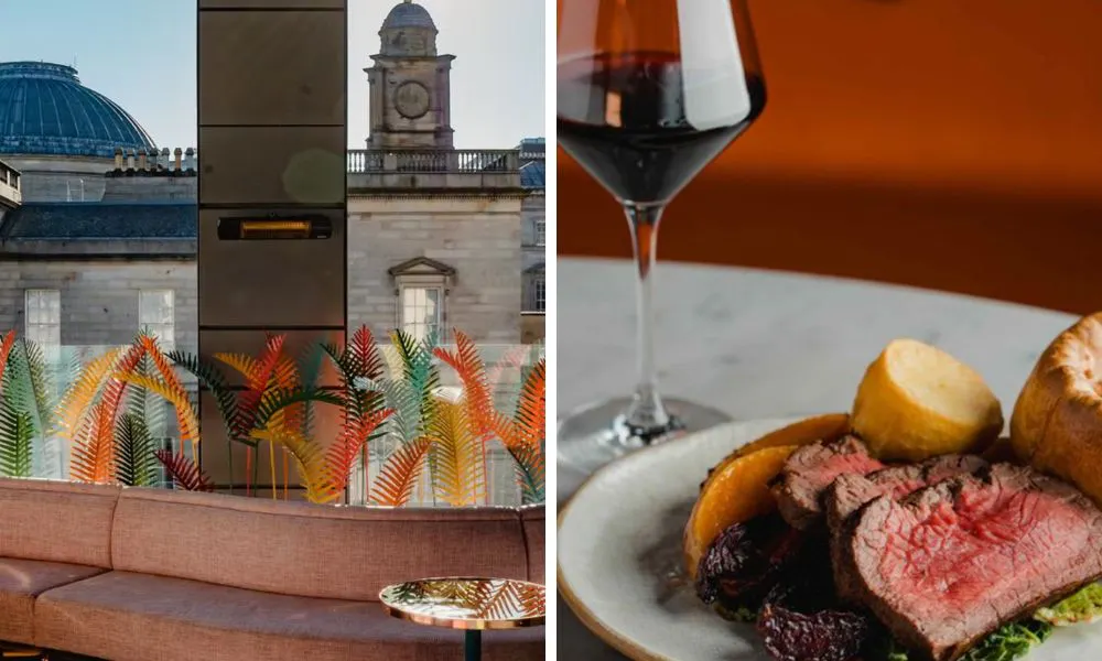 restaurant dining room with a view and beef roast with red wine