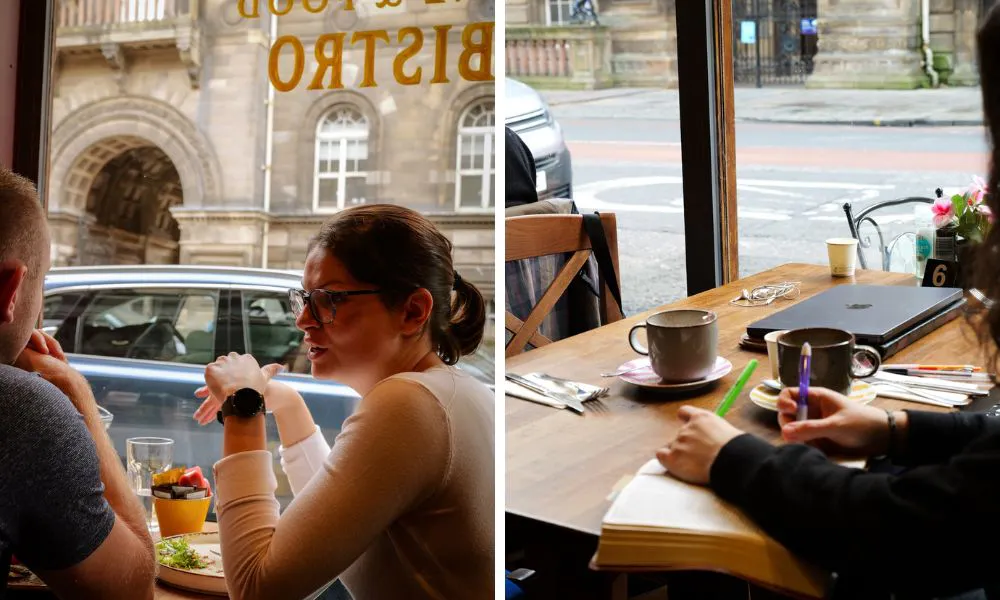 diners at a restaurant in front of edinburgh unversity and a student studying