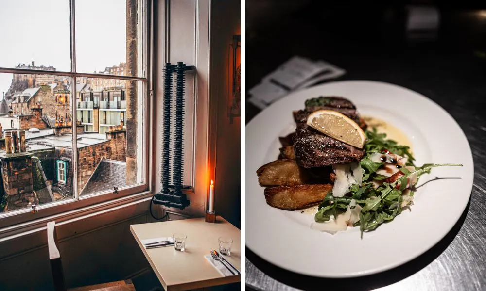 dinner table with a view and steak with wedges and rocket