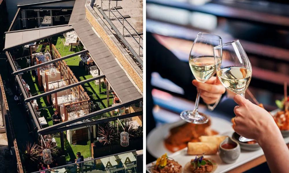 rooftop bar and two glasses of white wine