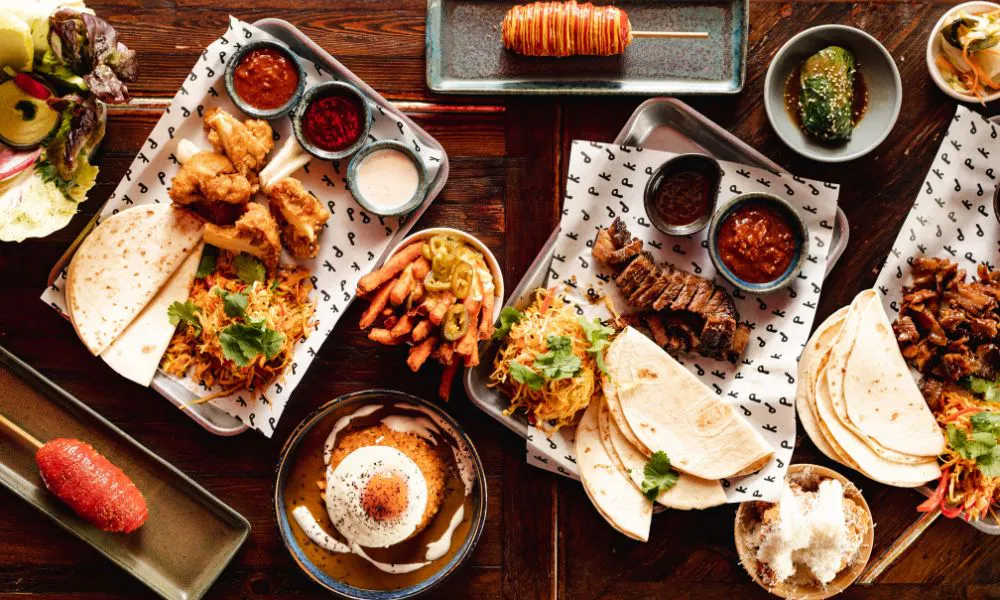 Plates on Korean food on a table