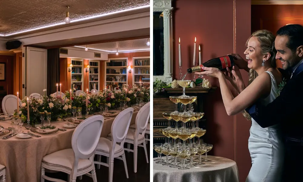 bride and groom pour a Champagne tower