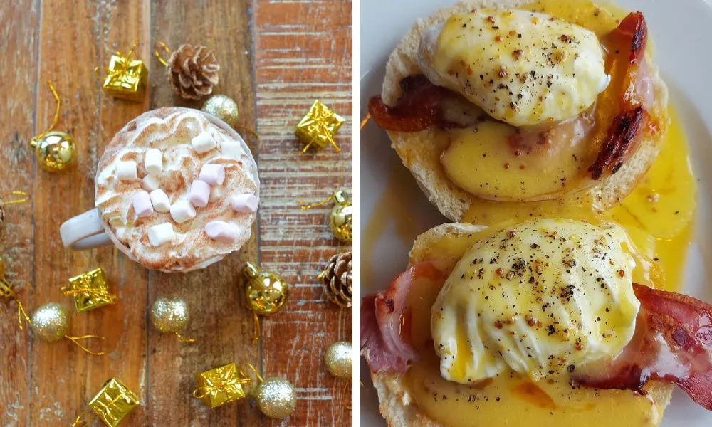 egg and bacon on muffin with yellow sauce