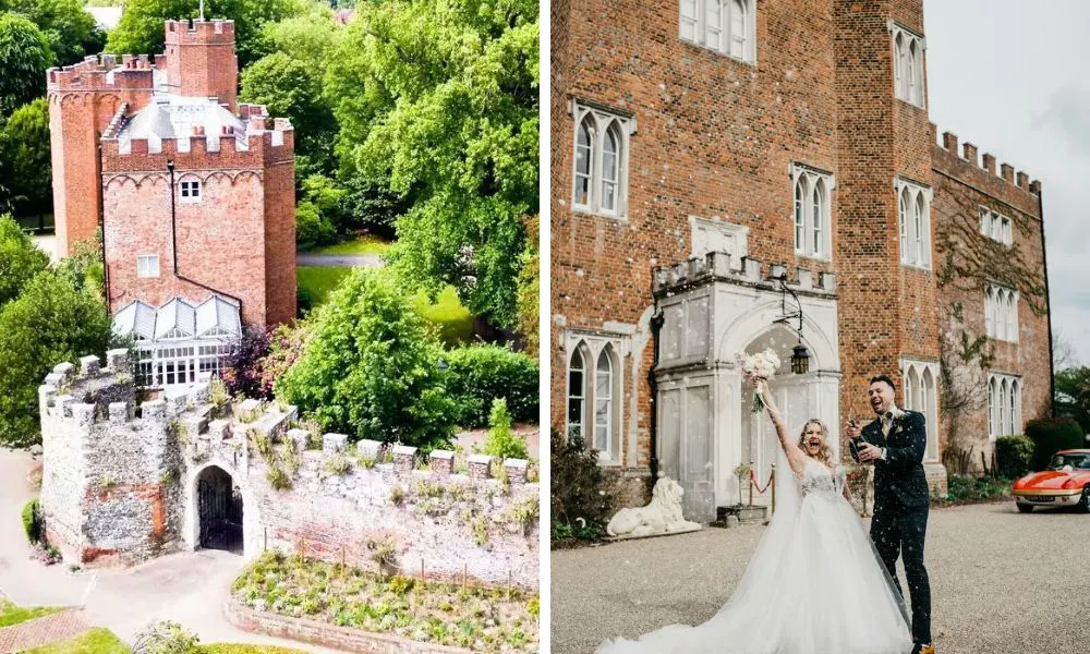 bride and groom outside Hertford castle
