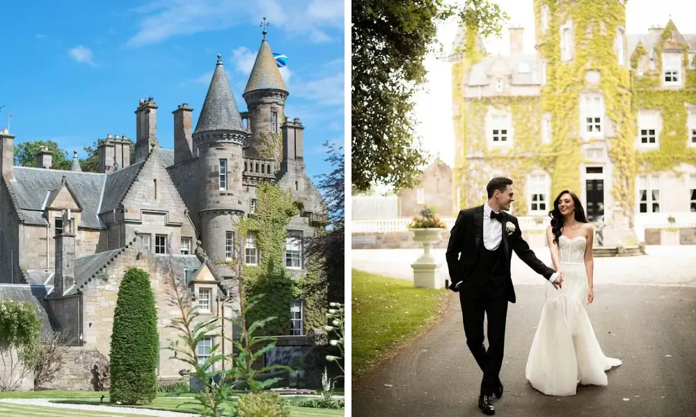 castle exterior and couple walking down the aisle outside