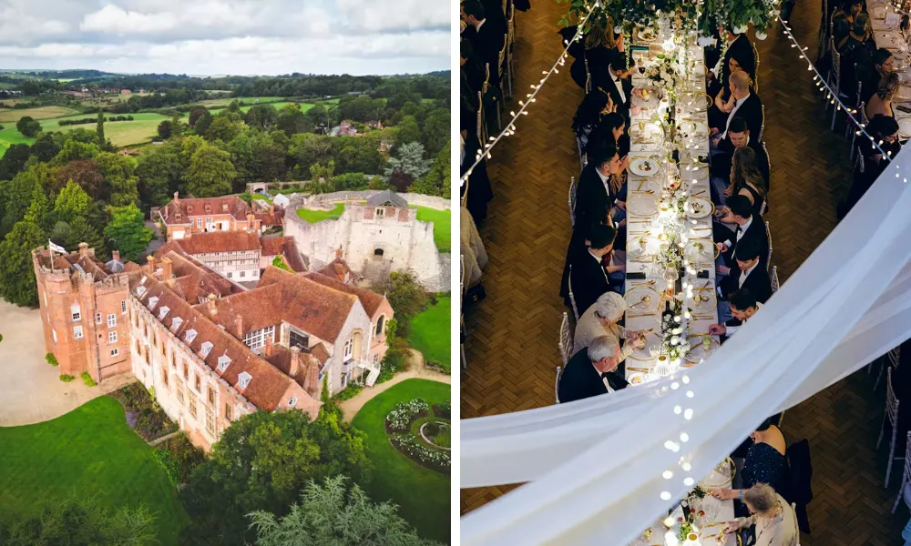 aerial view of castle and outdoor wedding aisle