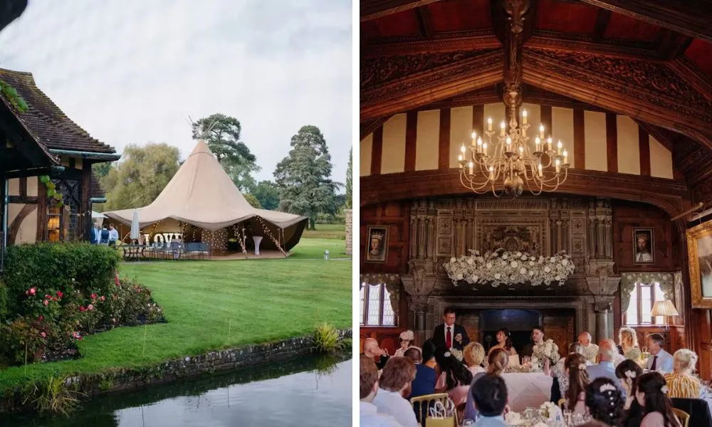 outdoor marquee with love sign and indoor dinner with chandelier
