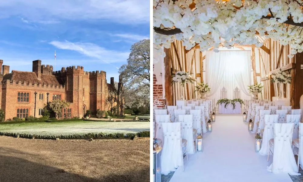 exterior of castle with winter frost and white decorated aisle