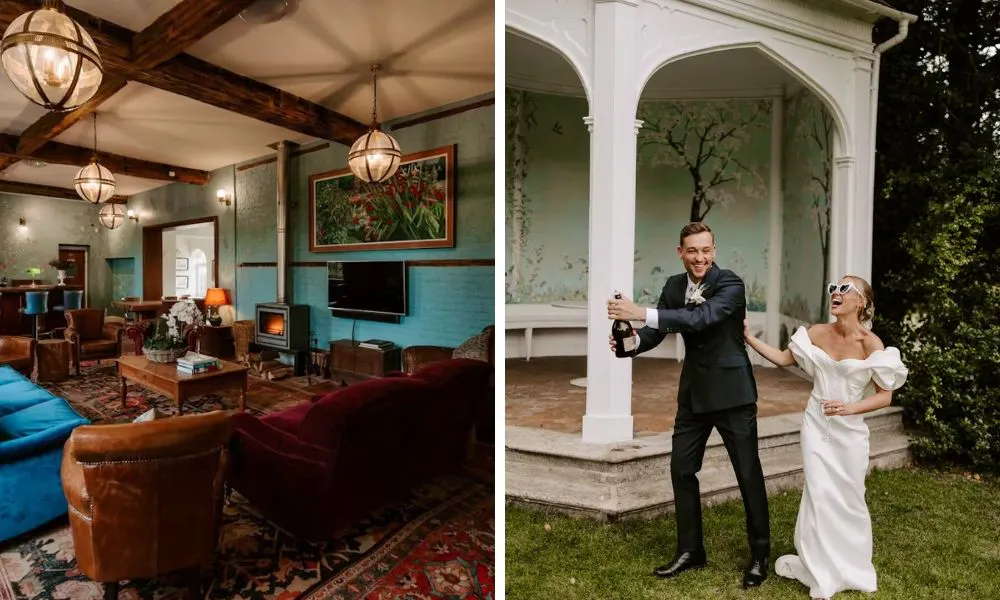 interiors of traditional castle and couple celebrating with bottle of champagn