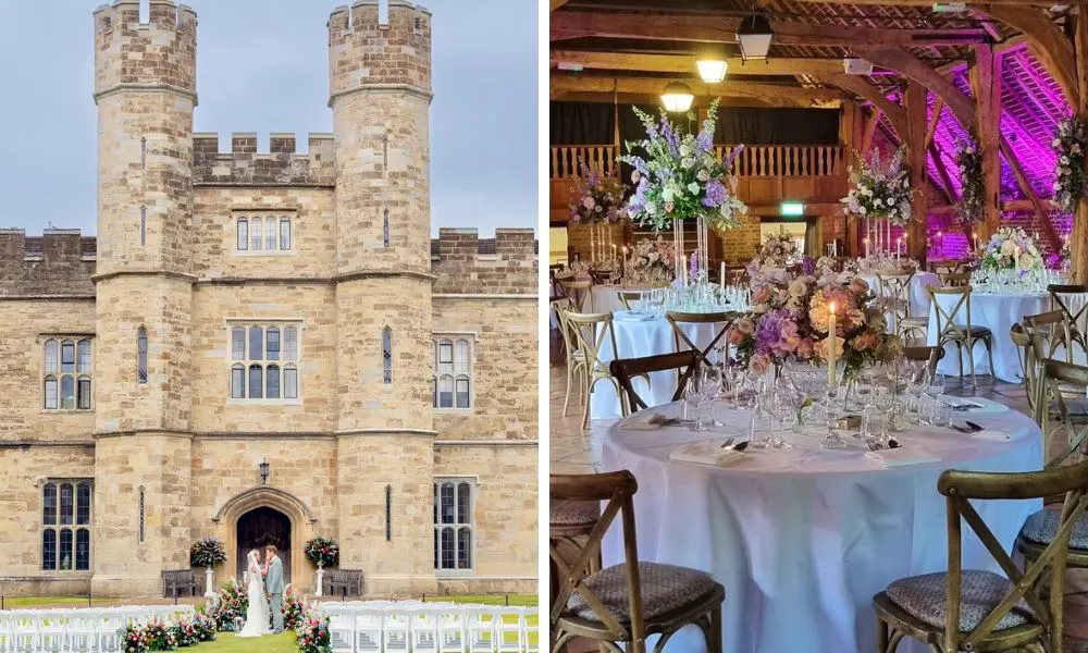 exterior view of castle and table decoration with purple lighting