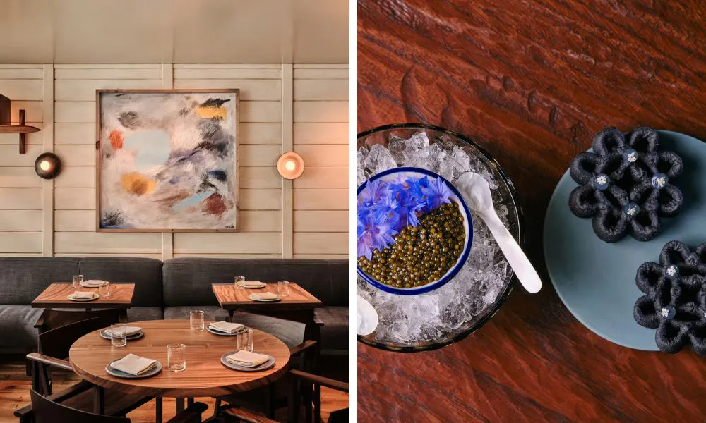relaxed restaurant interiors and caviar with flower-shaped crackers