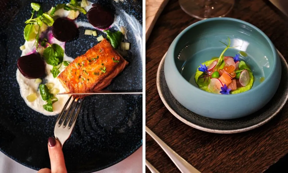 someone cutting into a fish dish and a bowl of crudo
