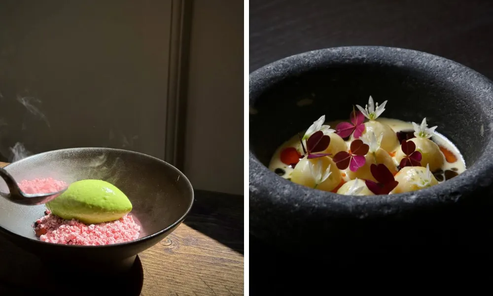 sorbet on dry ice, and granite bowl with leek flowers