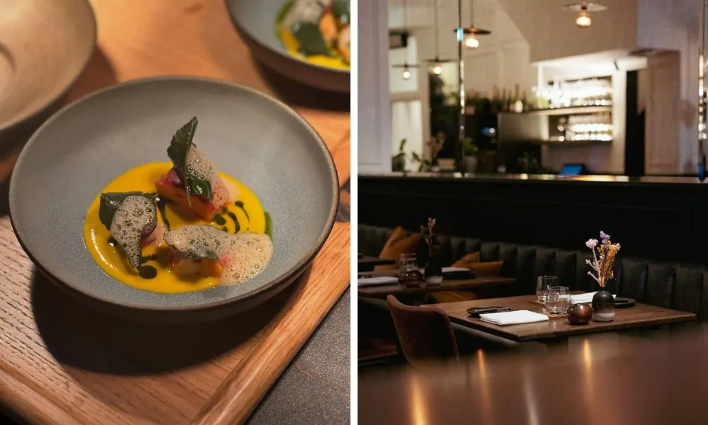 Bowl with fried herbs and simple dining room 