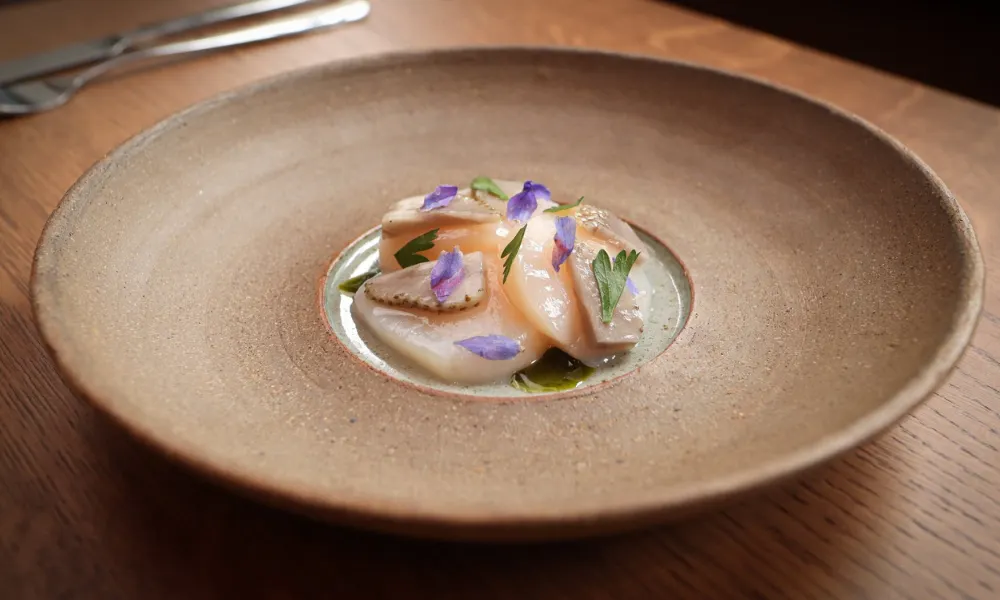 scallop sahsimi with purple petals