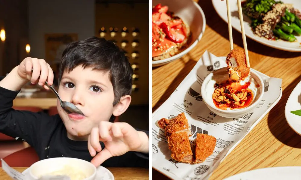 child eating a meal and japanese fried chicken
