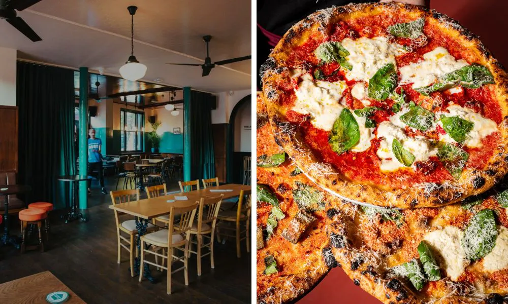 interiors of a pub and pizzas with parmesan shavings