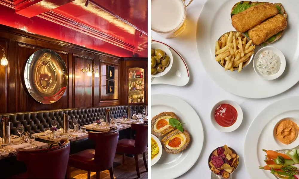 the dining room at durrants hotel, and a selection of dishes from the kids menu of a table