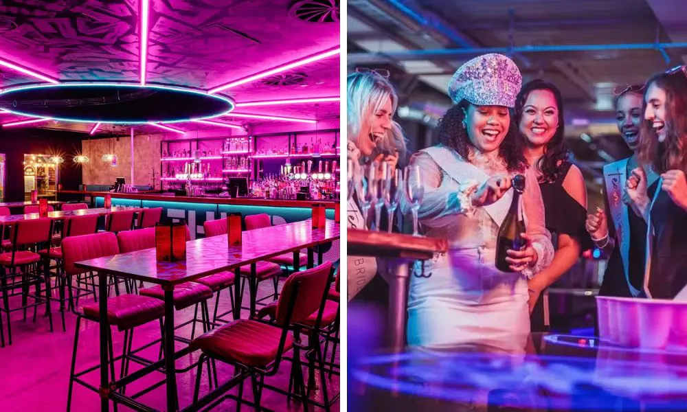neon-lit pink interiors, and a group of women on a hen do drinking Prosecco