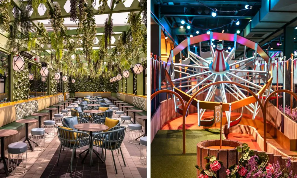 left, dining room under floral canopy, right, mini golf course