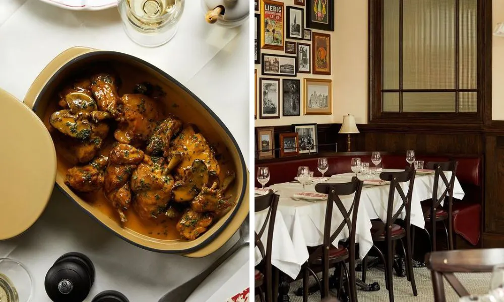Classic bistro dining room and chicken at Josephine Bouchon