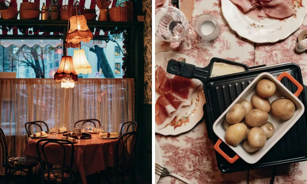 table in a french restaurant and raclette with potatoes and cheese