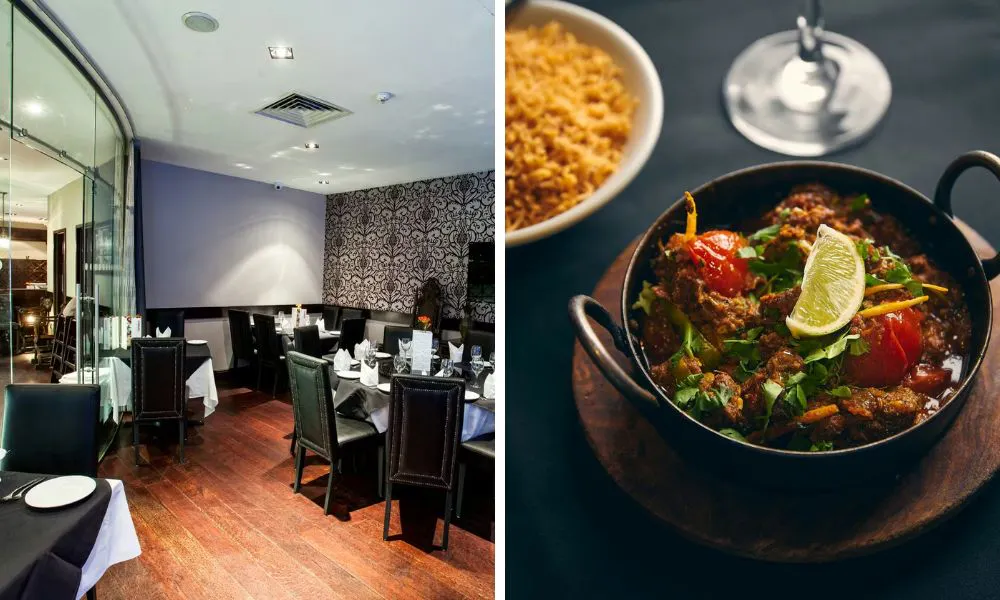 sleek private dining room and a bowl of curry