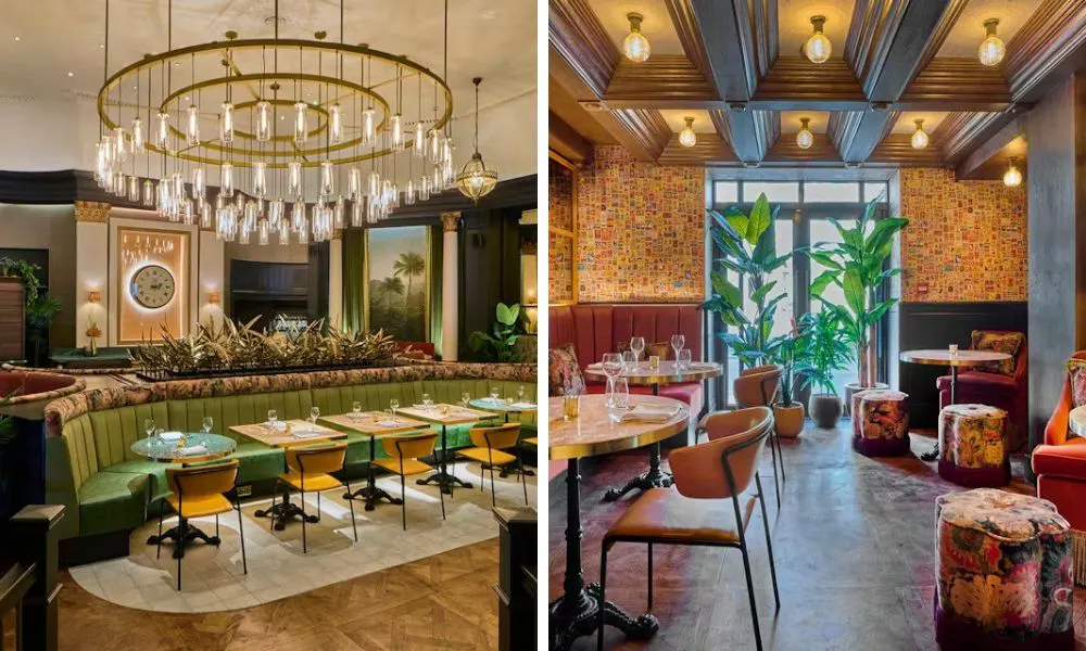 restaurant dining room with chandelier and snug area with cushion stools