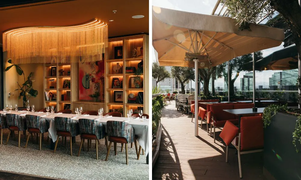 private dining room with banquet table and rooftop terrace with lounge seating